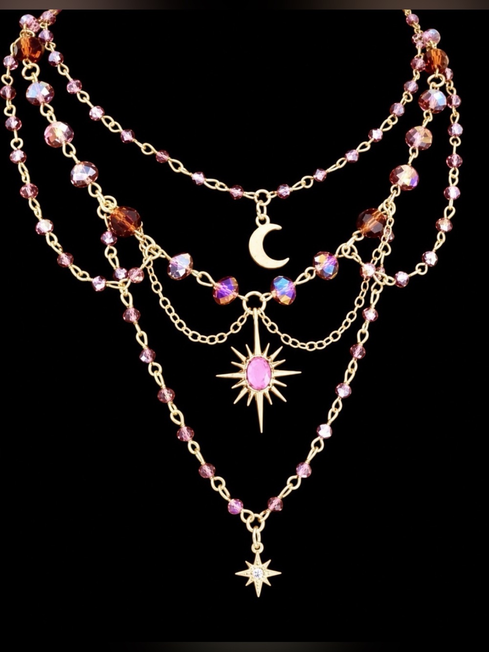 ROMWE Gold-Tone Layered Necklace with Pink and Amber Beads